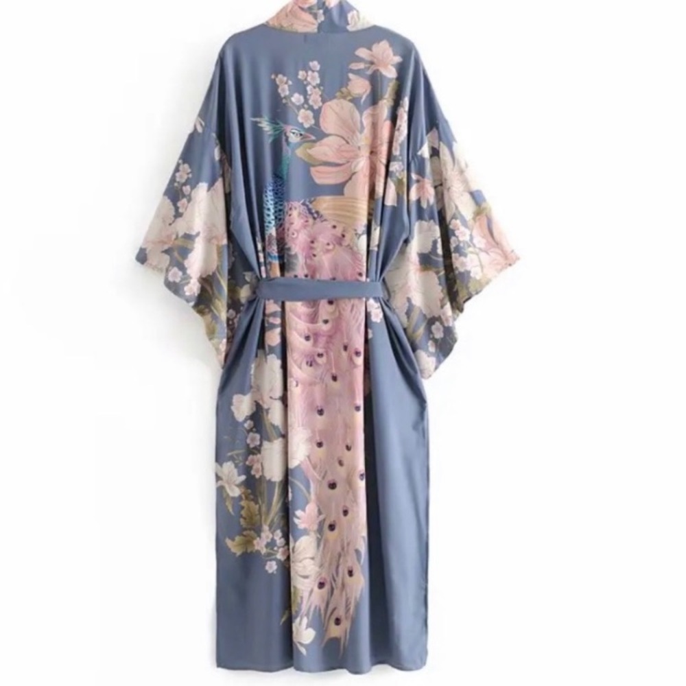 Bohemian Long Blue Floral Peacock Kimono Duster Robe - Picture 8 of 12